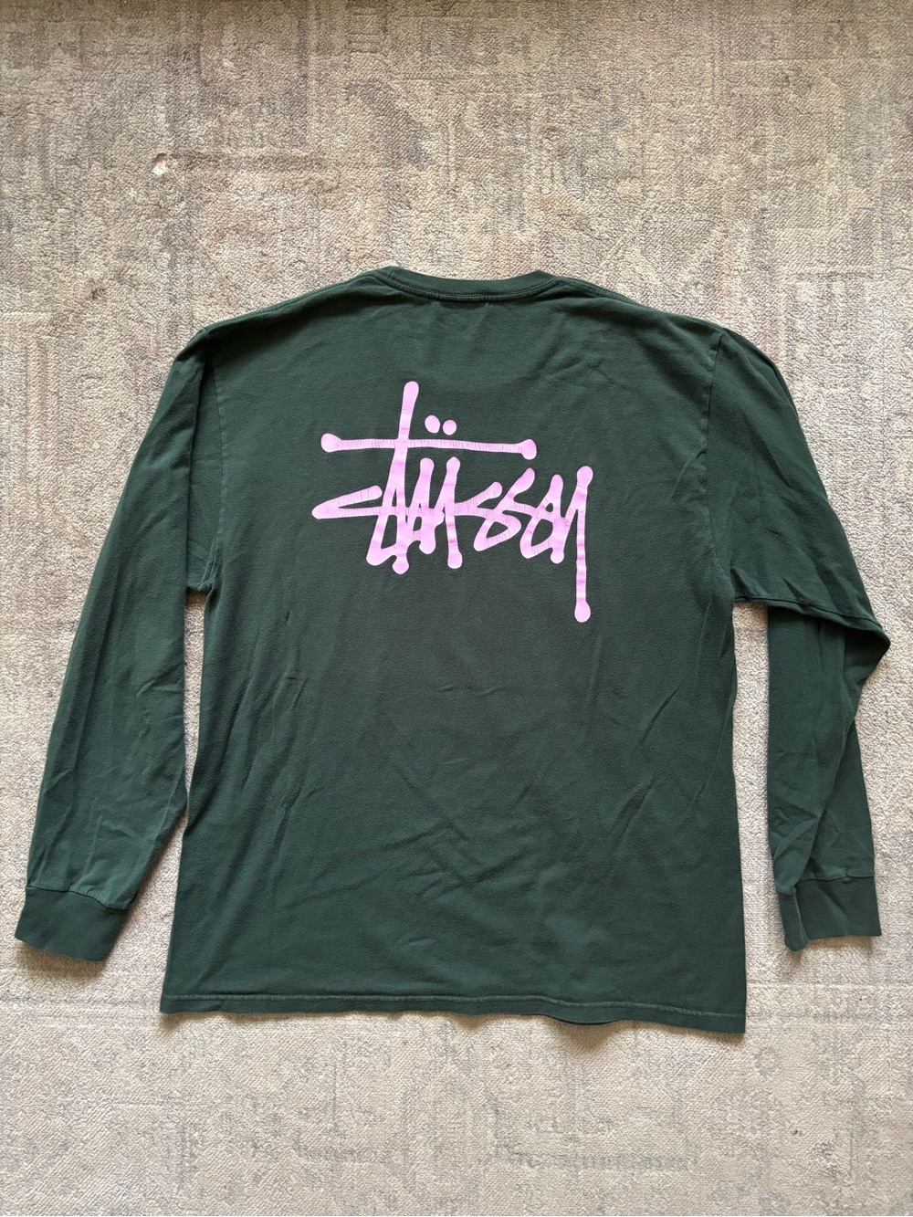 Stussy Forest Green Long Sleeve Tee with pink Chest Logo